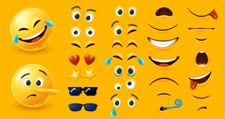Emoji character kit. Custom emoticon constructor with different eyes and mouth shapes elements combinations for unique facial expression designのイラスト素材