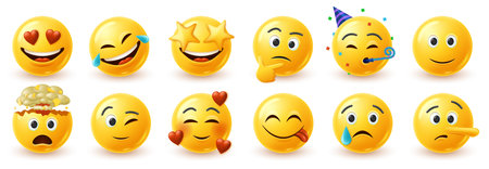 Funny 3d emoji faces. Yellow emoticon with love hearts and star eye, happy laughing and smiling face. Mind blown head explosion, wink, yummy tongueのイラスト素材