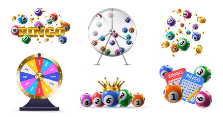 Lotteries game. Fortune wheel, bingo tickets and lottery balls in spinning dispenser. Lucky numbers combination isolated 3D vector illustration setのイラスト素材