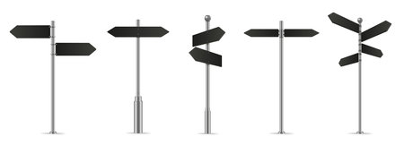 Finger Post. 3D wayfinding sign, black multi directional fingerposts isolated realistic vector illustration setのイラスト素材