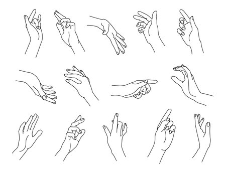 Set of linear human palms. Hand gestures for pointing, holding, snapping and gentle touch isolated vector line illustration setのイラスト素材