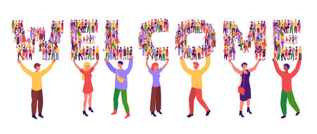Welcoming banner. Community welcomer typography, welcome word formed by people crowd and team members inviting flat vector illustrationのイラスト素材