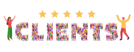 Clients feedback. Happy customer appreciation, five gold stars client review and people crowd word isometric vector illustrationのイラスト素材