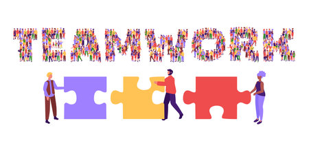 Team work. Collaborative spirit and problem-solving concept with TEAMWORK typography formed by people crowd standing together vector illustrationのイラスト素材