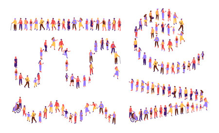 Top view people in line. Customers line of diverse people forming various line shapes, community crowd stay and wait isometric vector illustration setのイラスト素材