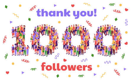 Thank you 1000 followers banner. Social media thousand subscriber milestone celebration party confetti and people crowd number isometric vector illustrationのイラスト素材