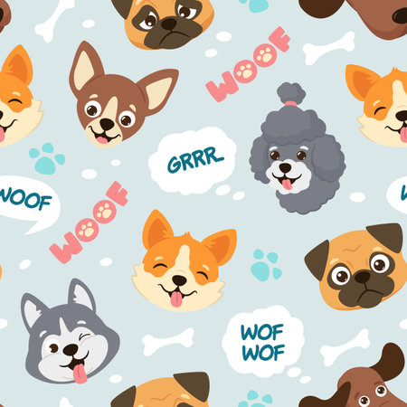 Cartoon puppies. Cute dogs faces pattern with woof speech bubbles for pet lovers, dog related seamless vector illustrationのイラスト素材