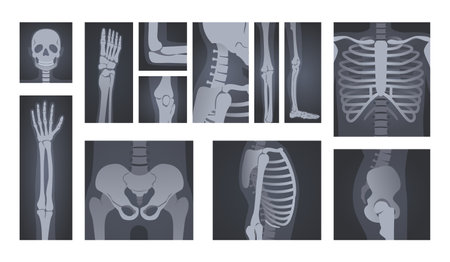 X-ray shots. Human body radiology of head skull, hand bones, spine and rib cage vector illustration setのイラスト素材