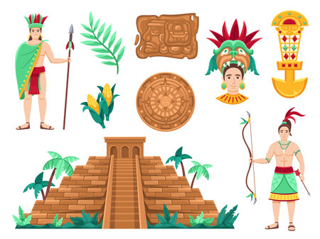 Maya civilization. Majestic pyramid, ancient Maya calendar wheel, people adorned with traditional headdresses and garments vector illustration setのイラスト素材