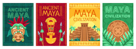 Maya civilization posters. Ancient traditional mask, pyramid and Maya calendar vector illustration setのイラスト素材