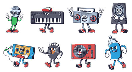 Hip hop music mascots. Beat-boxing microphone, synth keyboard, cassette rap mix tape and groovy vinyl record player vector characters setのイラスト素材
