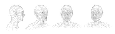 Wireframe human head. Retro wired mesh face, polygonal matrix man portrait and 3D hologram heads vector illustration set with editable stroke pathsのイラスト素材