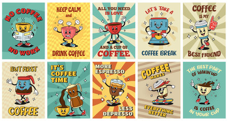 Retro coffee posters. Cartoon espresso cups, coffee house stickers with slogans in style of 1930s rubber hose animation. Vector illustration setのイラスト素材