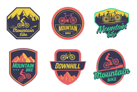 Downhill sticker, outdoor freestyle bicycle and bike riders emblems vector setのイラスト素材