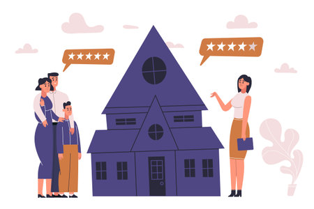 Family searching new home. Parents with son looking at new house for saleのイラスト素材