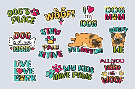 Pet lovers stickers. Cute dog themed slogans for pet-friendly or animal enthusiasts designs cartoon vector illustrations setのイラスト素材
