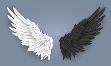 Realistic angel and demon wings. White dove wing with angelic nimbus, devil horns with pair of black wings and falling feathers 3D isolated vector illustrationのイラスト素材