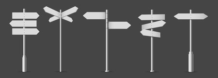 White fingerpost. Directional sign, 3D wayfinding arrows on pole isolated realistic vector illustration setのイラスト素材