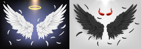 Angel and demon wing. Black and white feathered wings, angelic good and demonic evil concept realistic 3D vector illustration setのイラスト素材