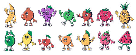 Cartoon fruit characters. Fresh fruits grocery mascots in 1930s rubber hose style isolated vector illustration setのイラスト素材