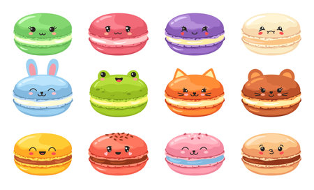 Kawaii macaron. Cute animal macarons, french sweet dessert for childrens menu or bakery marketing design. Vector illustration setのイラスト素材