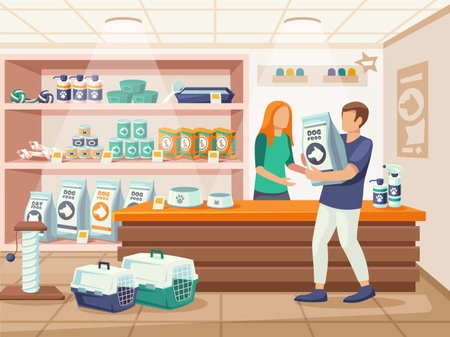 People in pet store. Customer purchasing large bag of dog food in animal care shop cartoon vector illustrationのイラスト素材