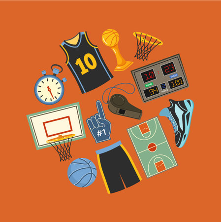 Basketball icons circle. Game equipment, basketball hoop and ball, scoreboard, whistle and stopwatch vector illustration setのイラスト素材