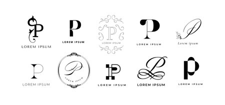Creative P emblem. Premium letter p monogram branding template. Business name initial vector icon setのイラスト素材