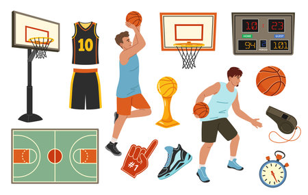 Cartoon basketball. Player jersey, basketball hoop and ball, dribbling and shooting, fan foam finger, sports trophy and scoreboard vector illustration setのイラスト素材