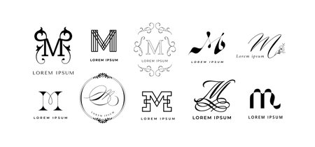 Creative M emblem. Letter m monogram for minimalist and modern branding. Typography template vector icon setのイラスト素材