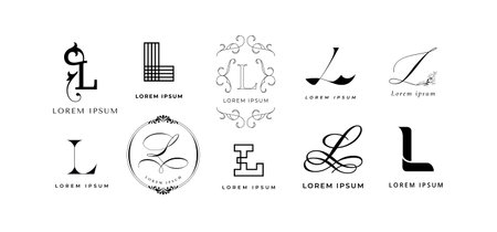 Creative L emblem. Luxury letter l monogram, lettering sign and geometric linear initial branding template vector icon setのイラスト素材