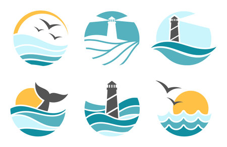 Aquatic environment logo collection. Ocean waves with whale tail in water, flying seagulls and lighthouse silhouetteのイラスト素材