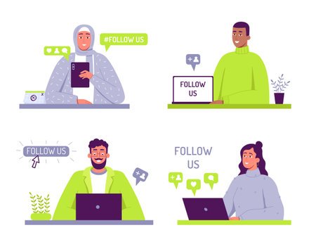 Creative social media badges with offer message follow us. Diverse male and female characters with gadgetsのイラスト素材