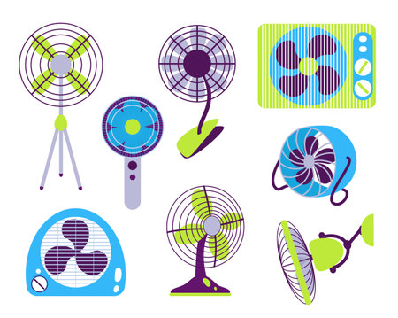 Electric fans. Air circulation climate equipment. Different types of cooling appliances for home, office or shopのイラスト素材