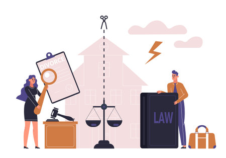 Family breakup, property division, divorce code concept. Argument between husband and wife. Marriage conflictのイラスト素材
