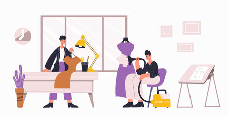 Fashion atelier workers, sewing, dressmaking workshop interiorのイラスト素材