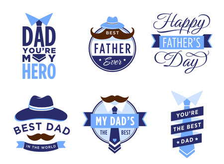 Happy Father Day label. Male badges with hat, mustache and tie, best dad in the world, my hero. Gift for fatherのイラスト素材
