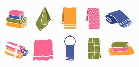 Household towel silhouettes. Black textile rolled and hanging towels. Colorful hanging cloth, kitchen and bathroom materialsのイラスト素材