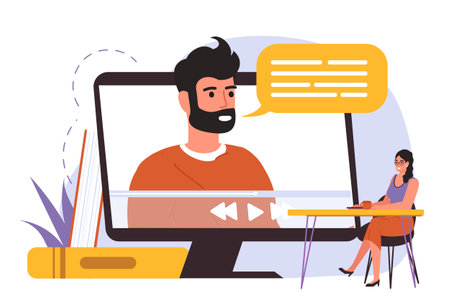 Online education. Video lesson for studying remotely. Woman sitting at desk and listening to teacher in internetのイラスト素材