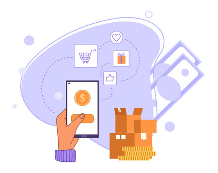 Online shopping, pay credit card in retail. Hand holding smartphone to pay for goods. Ordering products, using payment systemsのイラスト素材