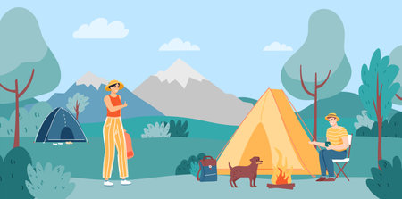 Outdoor camping. Adventure travel, hiking and nature camping. Friends or couple spending time outdoorのイラスト素材