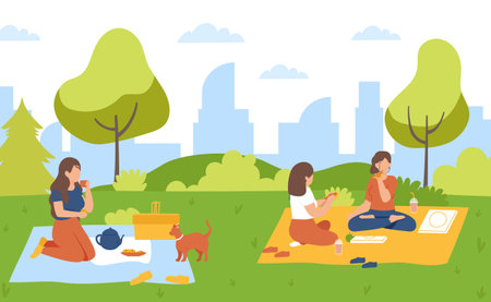 Picnic in park. Woman drinking tea and eating cookies on fresh air. Female friends sitting on blanketのイラスト素材