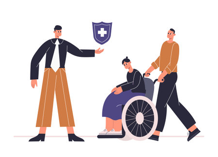 Risk insurance protecting health for disabled person. Insure life from accident or illness. Consultant offering medical packageのイラスト素材