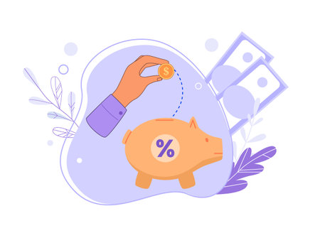 Saving money, investment concept. Character putting dollar coin into piggy bank. Person depositing money to get profitのイラスト素材
