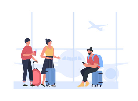 Tourists in airport. People waiting for plane in terminal. Friends with luggage sitting at hall. Female and male charactersのイラスト素材