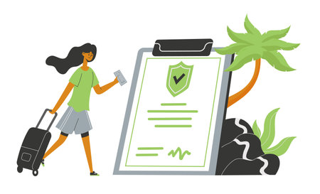 Travel insurance concept. Woman traveling with luggage and ticket. Insure life from accident or illnessのイラスト素材