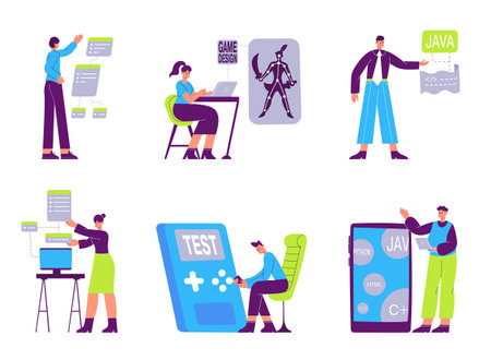 Software developers, game designers, javascript programmers charactersのイラスト素材