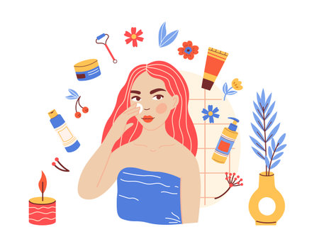 Young woman skincare routine. Female character applying cleanser, mask or cream. Everyday beauty cosmeticのイラスト素材