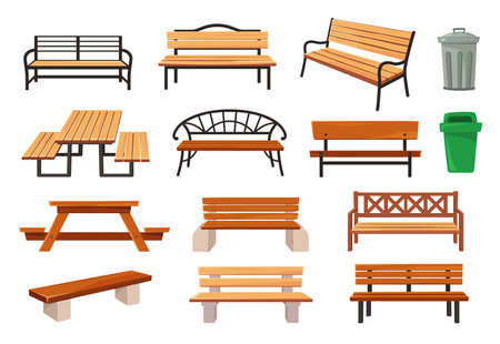 Garden bench. Outdoor furniture, park benches, waste bins and picnic tables cartoon vector illustration setのイラスト素材