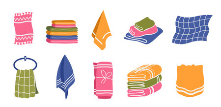 Household towel silhouettes. Fresh soft clothes of different colors for kitchen and bathroom. Fluffy fabric for face, hand and bodyのイラスト素材
